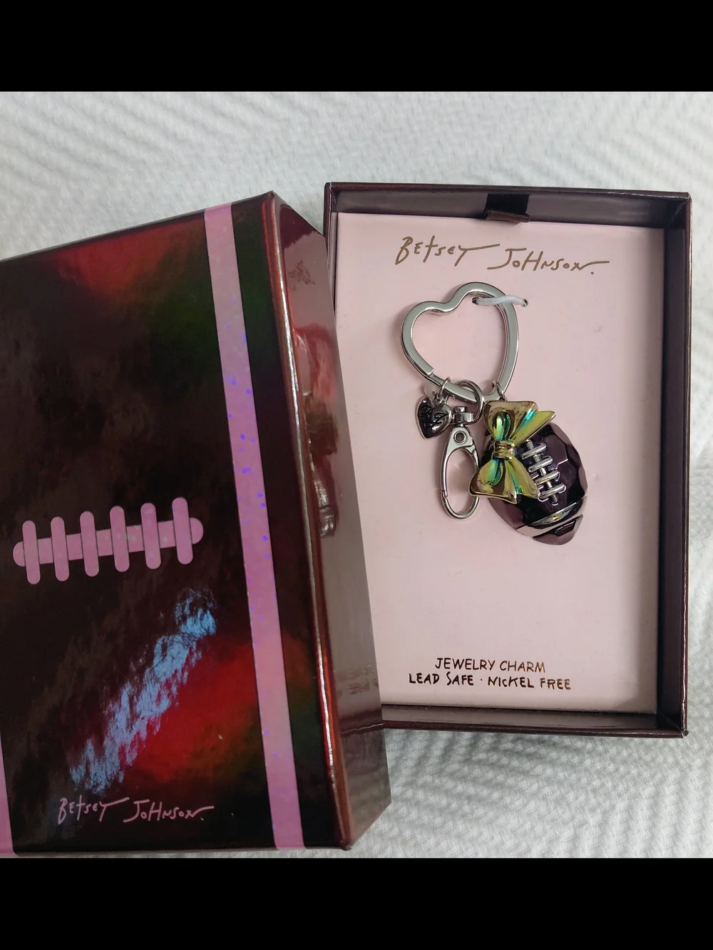 Betsey Johnson Pink & Black Football Charm Keychain